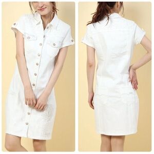 Desigual White‎ Denim Embroidered Shirt Dress Size 38